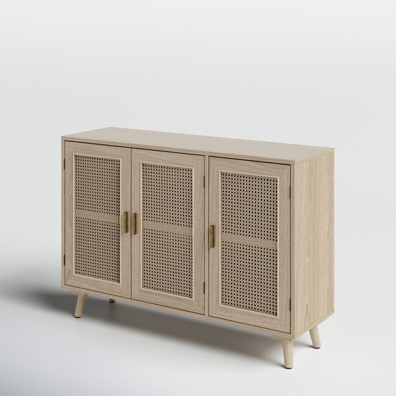 Natural Mango Wood & Rattan 3-Door Console Cabinet | Boho Chic Sideboard | Cane Storage Unit | Living Furn India