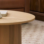 Round Ribbed Solid Wood Coffee Table | Modern Fluted Design | Natural Wood Living Room Centerpiece | Living Furn India