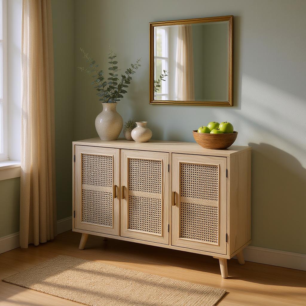 Natural Mango Wood & Rattan 3-Door Console Cabinet | Boho Chic Sideboard | Cane Storage Unit | Living Furn India