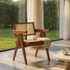 Dark Walnut Cane Rattan Dining Chair | Solid Mango Wood Handcrafted Armchair | Mid-Century Modern Seating | Living Furn India