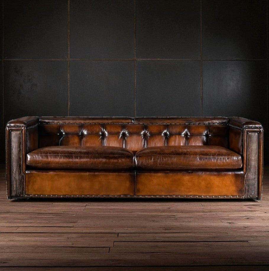 Artisan Vault Brown Leather 3-Seater Sofa – Handcrafted Heritage by Living Furn India