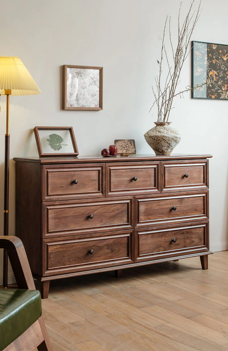 Living Furn India Acacia Wood Dresser | Handcrafted 7-Drawer Storage Cabinet | Modern Farmhouse Design - 150x45x85 cm