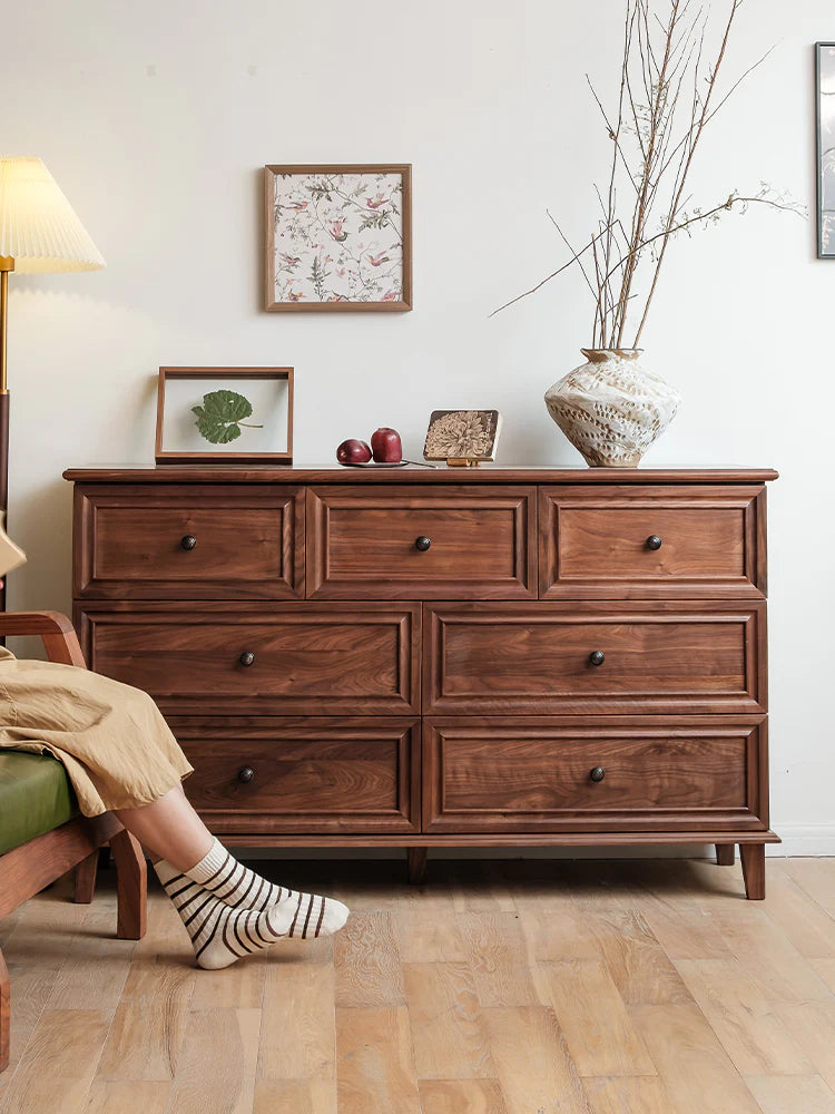 Living Furn India Acacia Wood Dresser | Handcrafted 7-Drawer Storage Cabinet | Modern Farmhouse Design - 150x45x85 cm