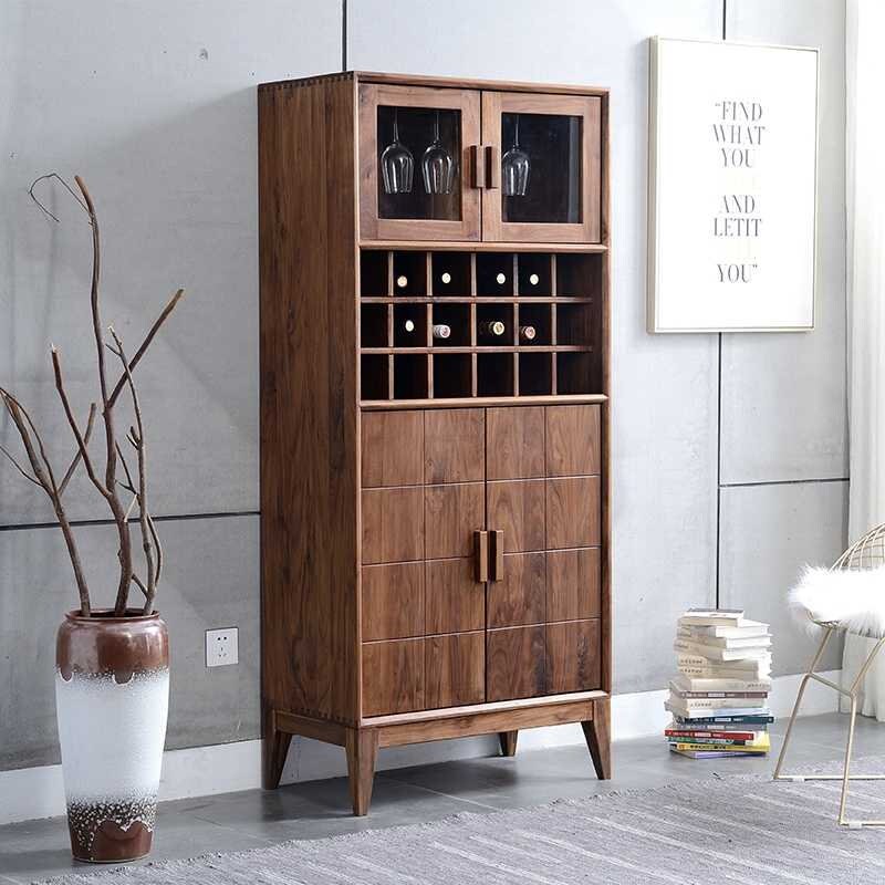 Modern Acacia Wood Display Cabinet | Tall Storage Unit with Glass Doors | Wine Rack & Bar Cabinet | Living Furn India