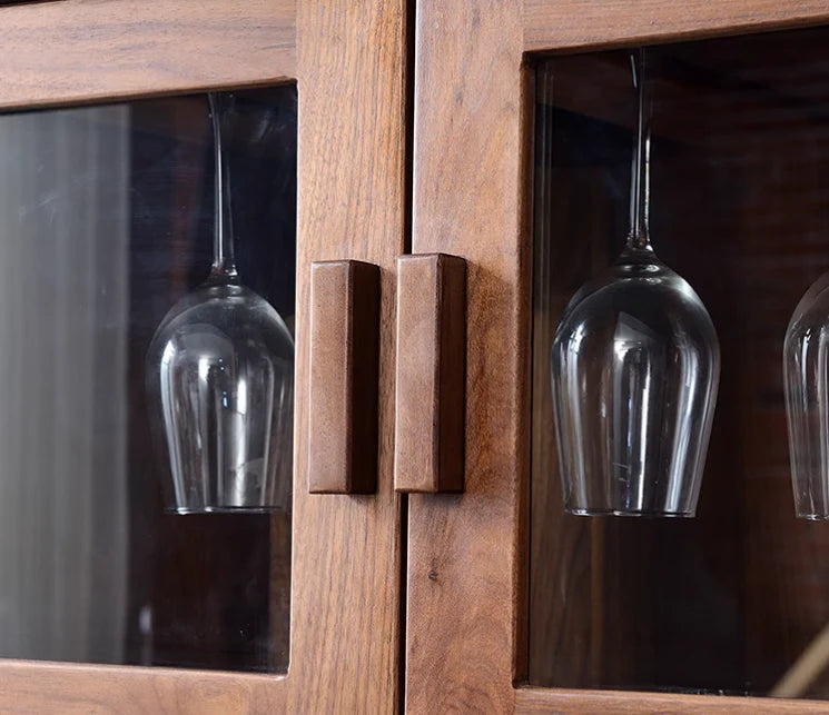 Modern Acacia Wood Display Cabinet | Tall Storage Unit with Glass Doors | Wine Rack & Bar Cabinet | Living Furn India