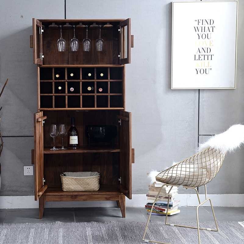 Modern Acacia Wood Display Cabinet | Tall Storage Unit with Glass Doors | Wine Rack & Bar Cabinet | Living Furn India