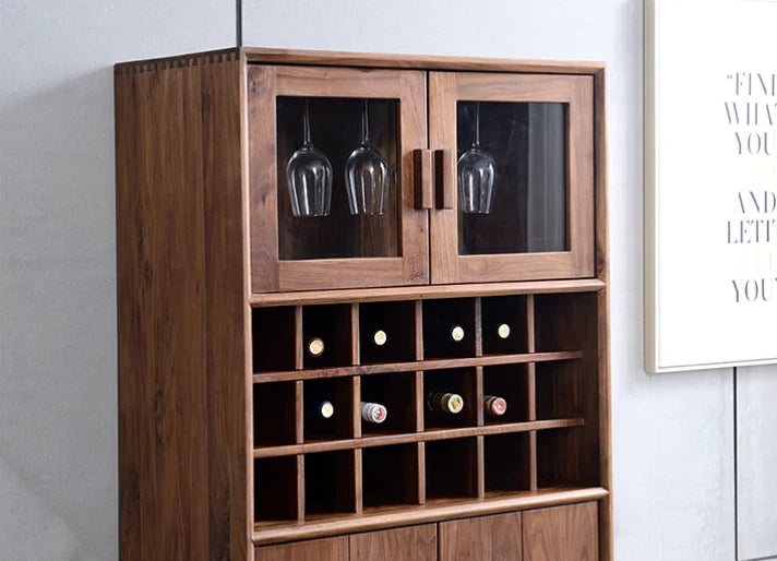 Modern Acacia Wood Display Cabinet | Tall Storage Unit with Glass Doors | Wine Rack & Bar Cabinet | Living Furn India