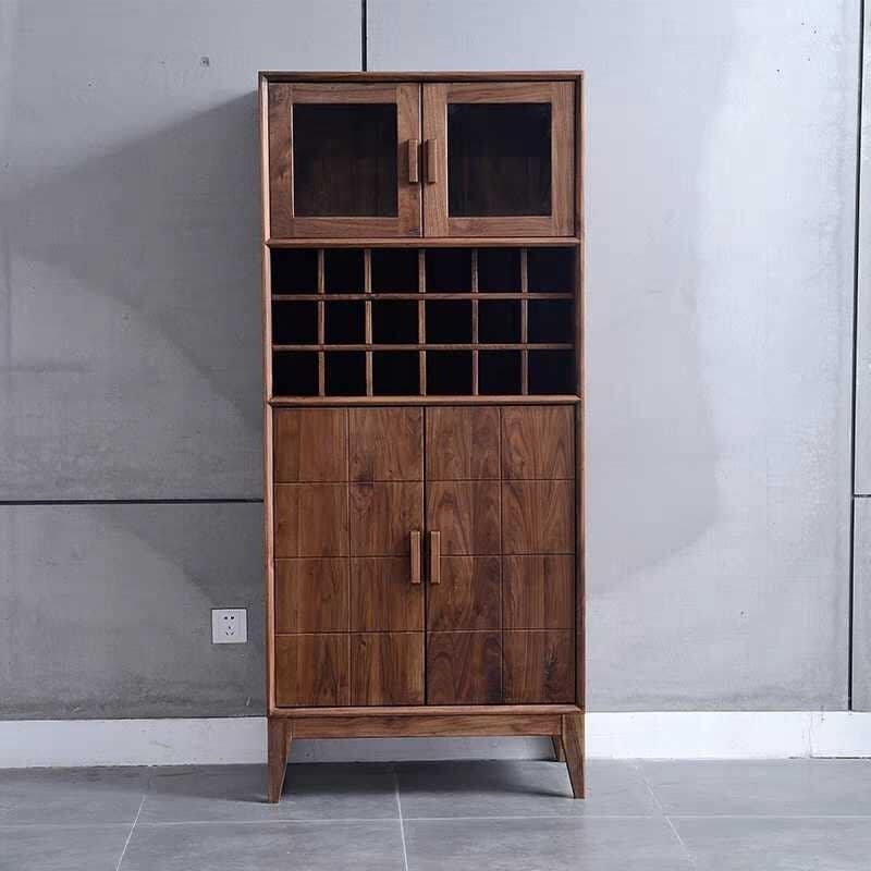 Modern Acacia Wood Display Cabinet | Tall Storage Unit with Glass Doors | Wine Rack & Bar Cabinet | Living Furn India