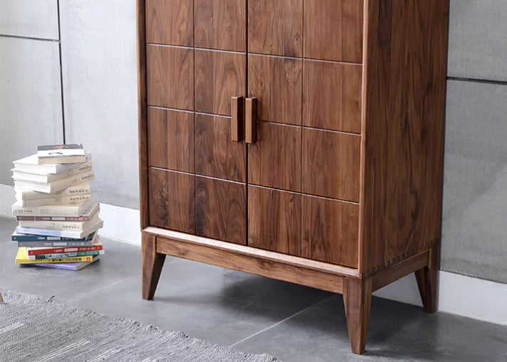 Modern Acacia Wood Display Cabinet | Tall Storage Unit with Glass Doors | Wine Rack & Bar Cabinet | Living Furn India