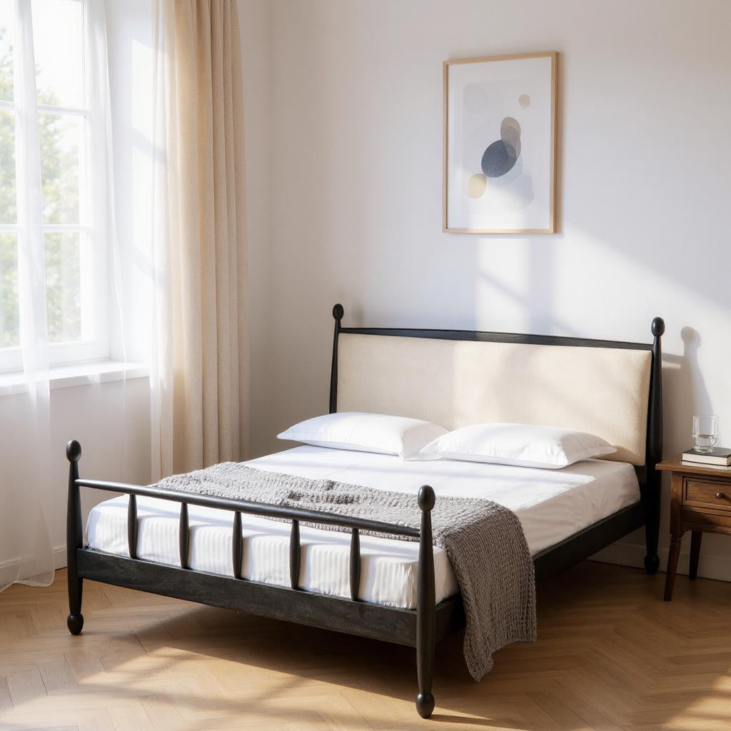 Echelon Spindle Bed | Handcrafted Mango Wood Bed with Upholstered Headboard | King & Queen Sizes | Living Furn India