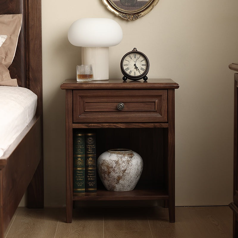 Modern Acacia Wood 1-Drawer Nightstand | Bedside Table with Open Shelf | Dark Wood Finish | Living Furn India