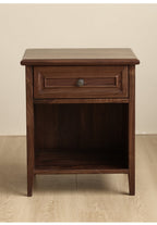 Modern Acacia Wood 1-Drawer Nightstand | Bedside Table with Open Shelf | Dark Wood Finish | Living Furn India