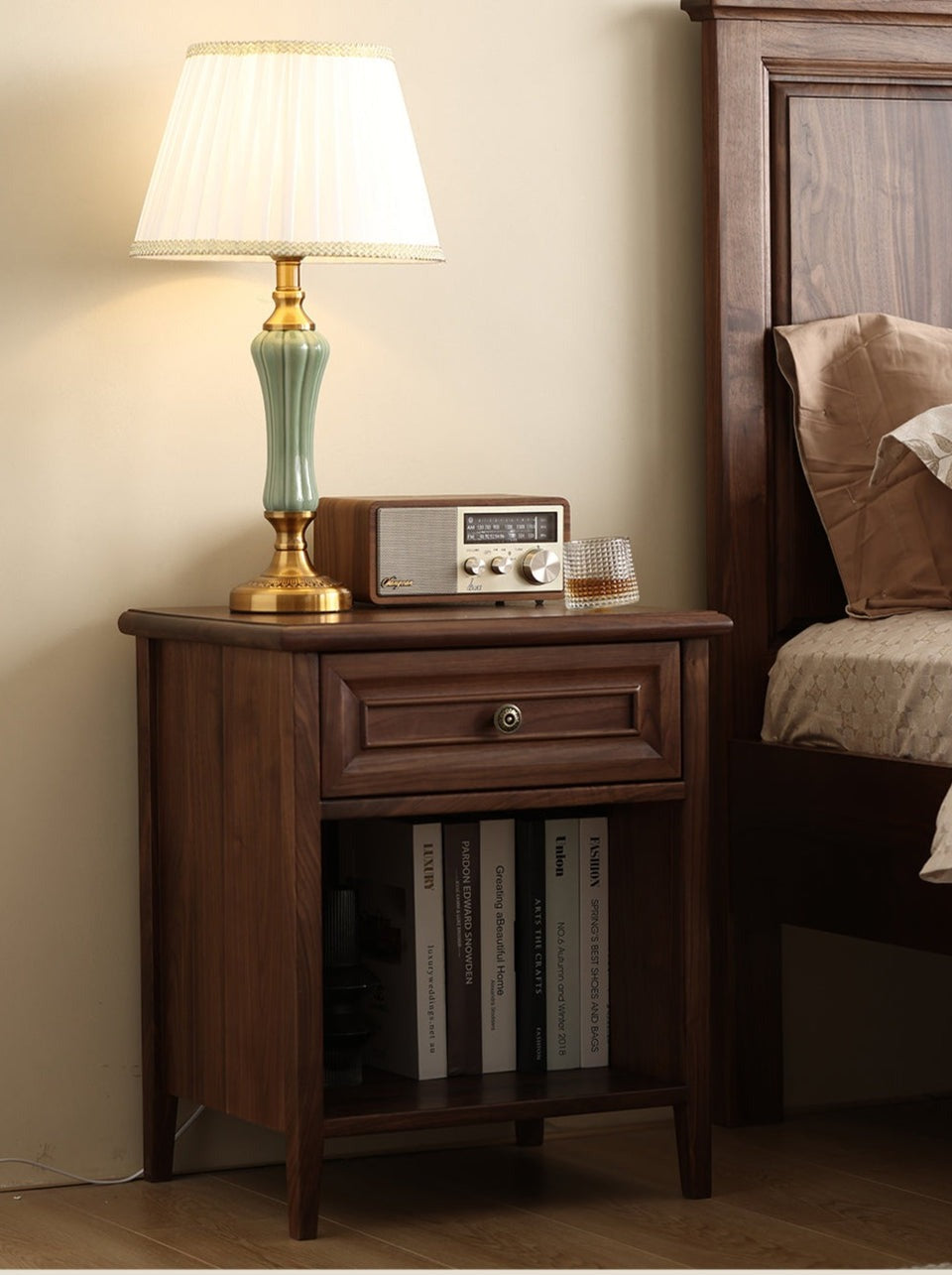 Modern Acacia Wood 1-Drawer Nightstand | Bedside Table with Open Shelf | Dark Wood Finish | Living Furn India