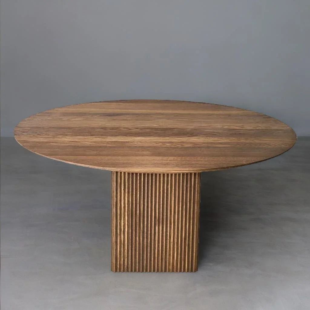 AuraNova Classic Round Solid Wood Dining Table – Brown Finish, 4-Seater by Living Furn India