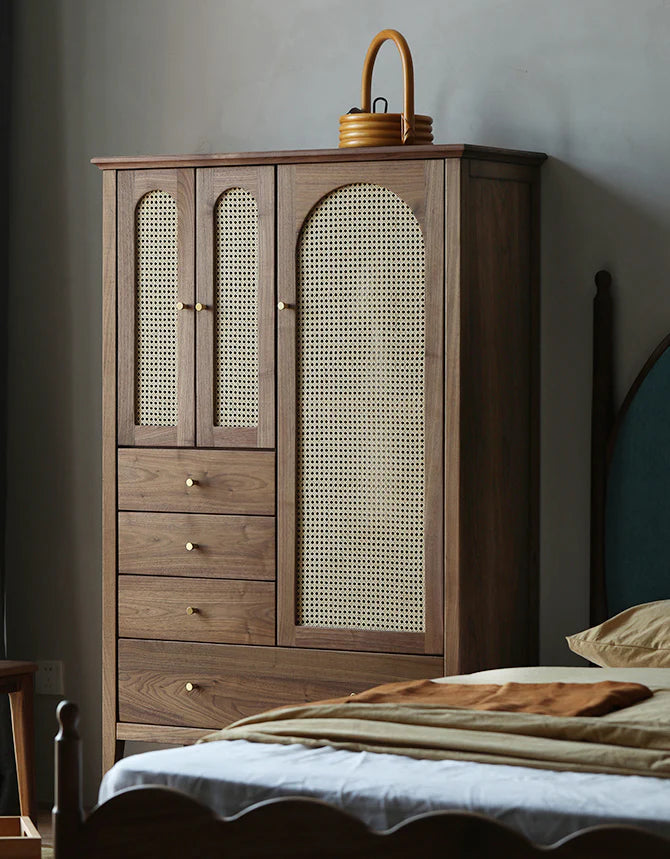 Handcrafted Acacia Wood Wardrobe with Rattan Panel – Eco Friendly, Customizable Storage Solution | Living Furn India