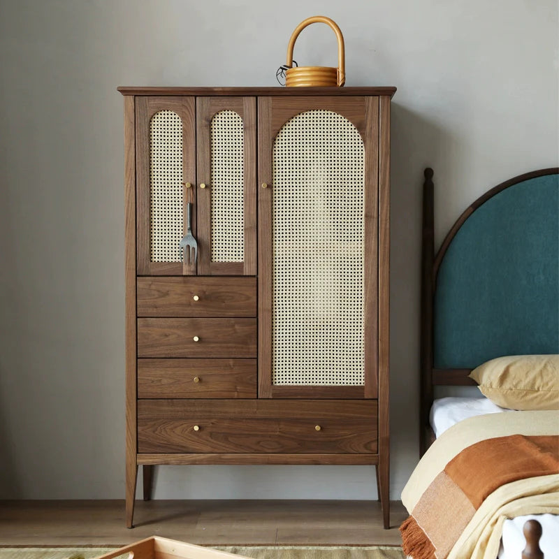 Handcrafted Acacia Wood Wardrobe with Rattan Panel – Eco Friendly, Customizable Storage Solution | Living Furn India