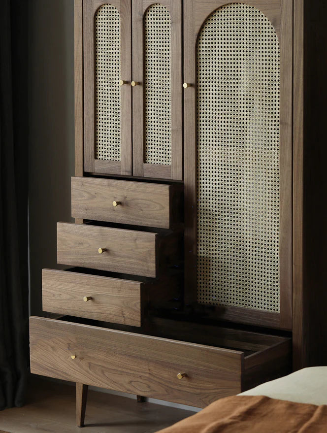 Handcrafted Acacia Wood Wardrobe with Rattan Panel – Eco Friendly, Customizable Storage Solution | Living Furn India