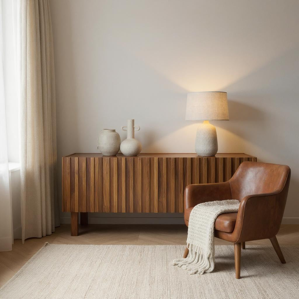 Modern Fluted Mango Wood Living Room Cabinet | Natural Finish Storage Unit | Contemporary Media Console | Living Furn India