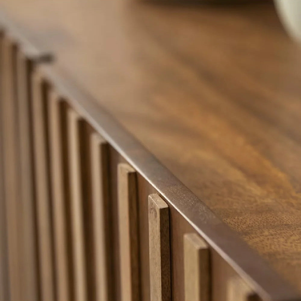 Modern Fluted Mango Wood Living Room Cabinet | Natural Finish Storage Unit | Contemporary Media Console | Living Furn India
