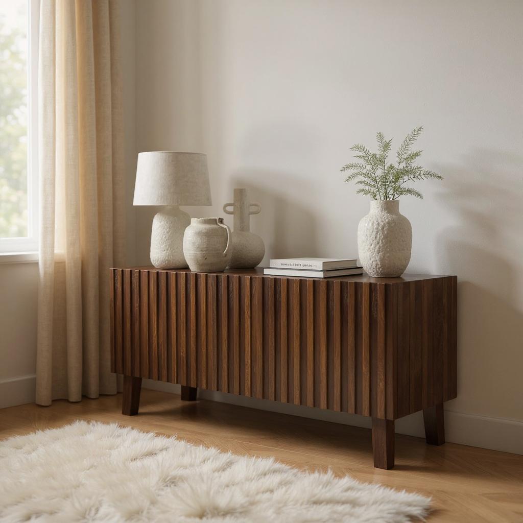 Modern Fluted Mango Wood Living Room Cabinet | Natural Finish Storage Unit | Contemporary Media Console | Living Furn India