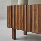 Modern Fluted Mango Wood Living Room Cabinet | Natural Finish Storage Unit | Contemporary Media Console | Living Furn India