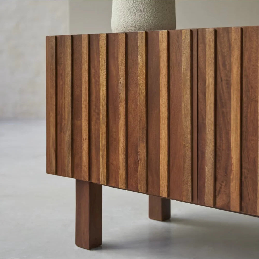Modern Fluted Mango Wood Living Room Cabinet | Natural Finish Storage Unit | Contemporary Media Console | Living Furn India