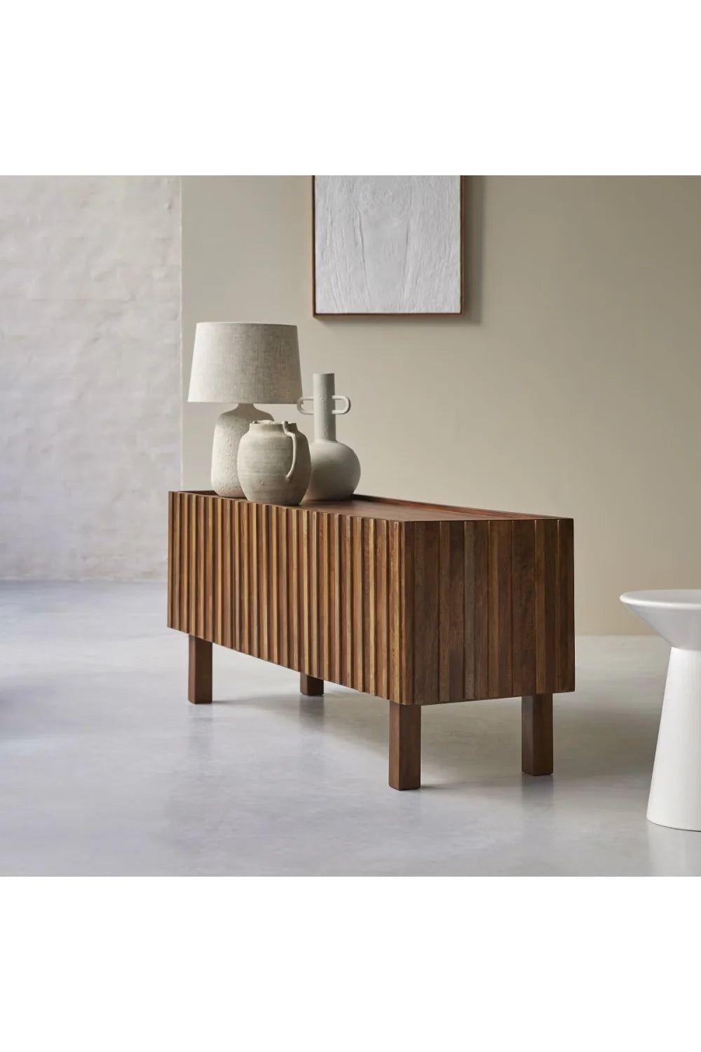 Modern Fluted Mango Wood Living Room Cabinet | Natural Finish Storage Unit | Contemporary Media Console | Living Furn India