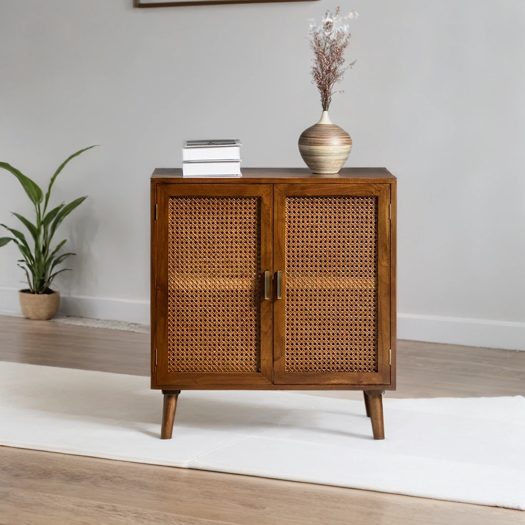 Handcrafted Mango Wood & Rattan 2-Door Accent Cabinet | Boho Storage Unit | Cane Weave Cabinet | Living Furn India