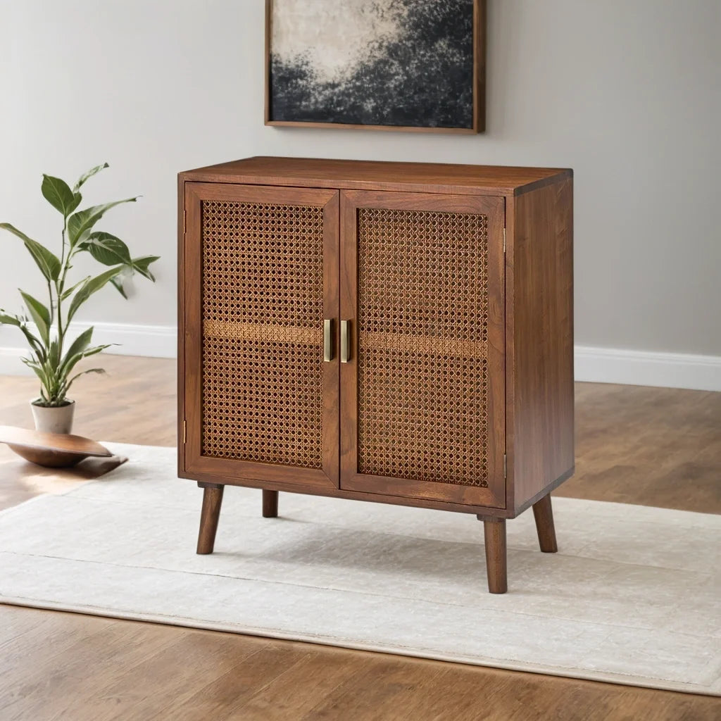 Handcrafted Mango Wood & Rattan 2-Door Accent Cabinet | Boho Storage Unit | Cane Weave Cabinet | Living Furn India