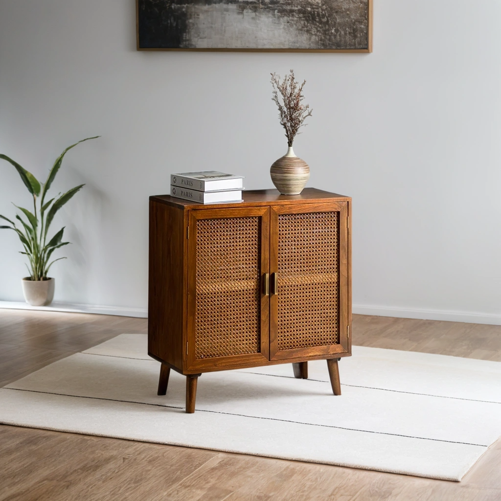 Handcrafted Mango Wood & Rattan 2-Door Accent Cabinet | Boho Storage Unit | Cane Weave Cabinet | Living Furn India