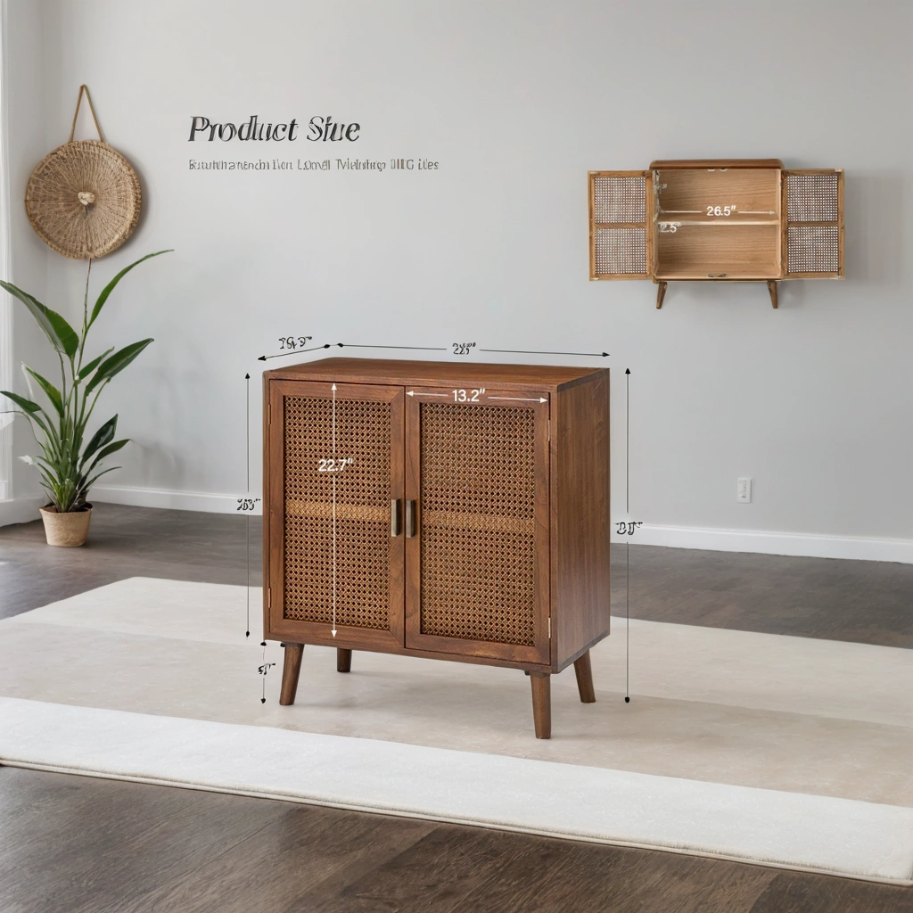 Handcrafted Mango Wood & Rattan 2-Door Accent Cabinet | Boho Storage Unit | Cane Weave Cabinet | Living Furn India