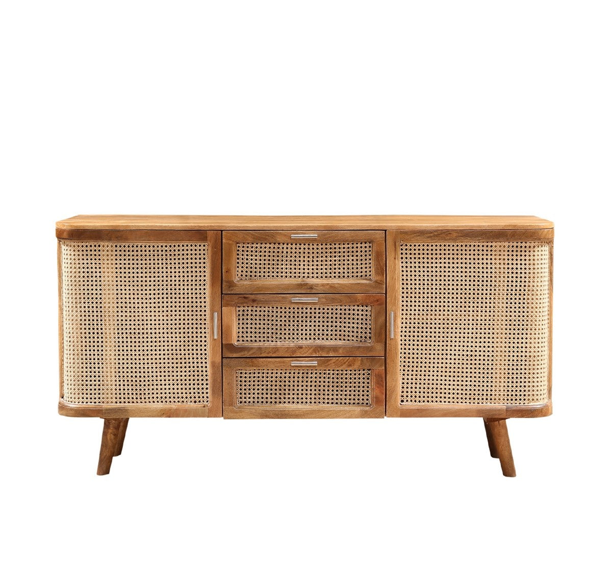 Artisan Crafted Rattan & Wood Sideboard with Drawers | Natural Finish Buffet Cabinet | Mid-Century Modern Console | Living Furn India
