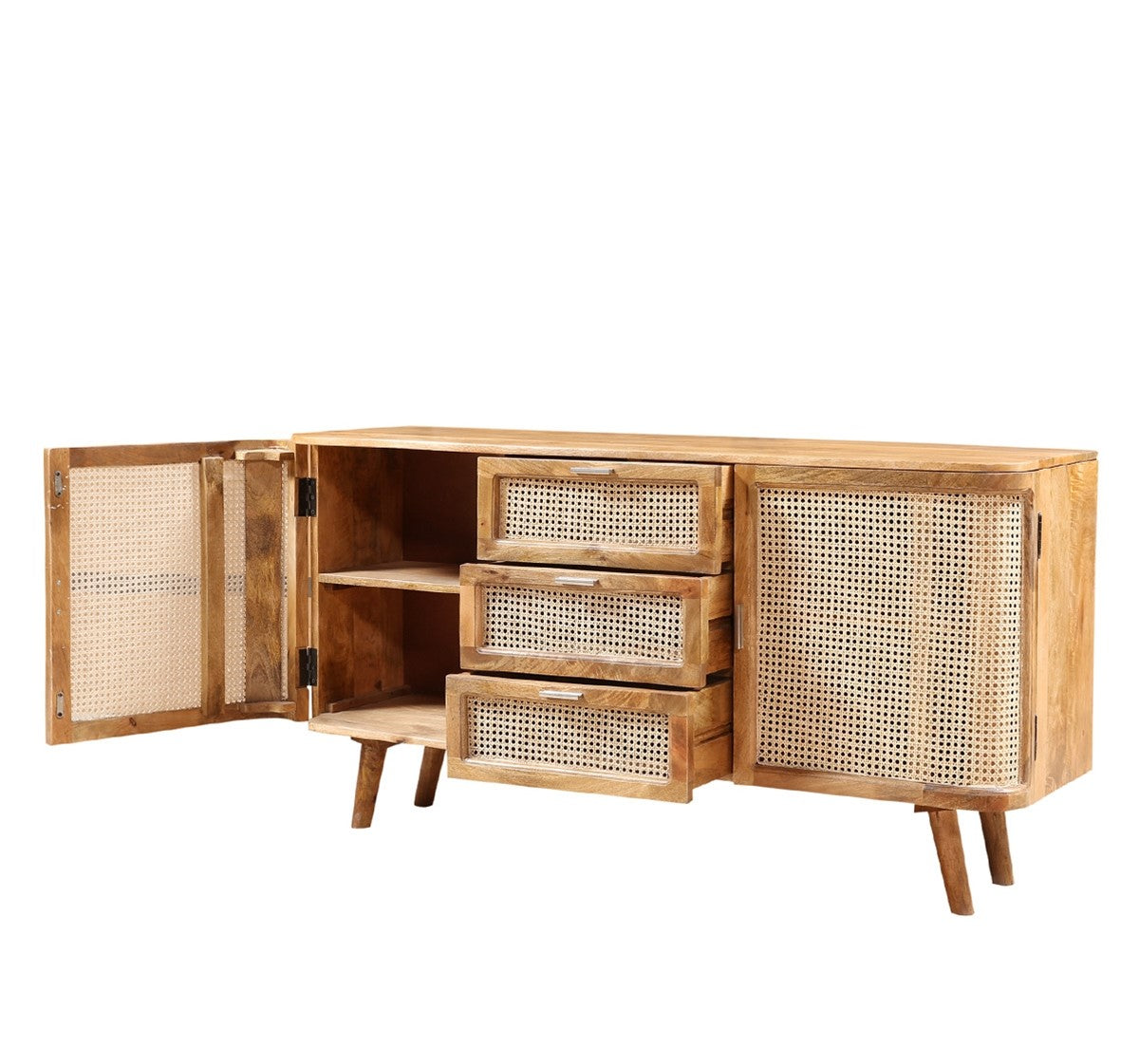 Artisan Crafted Rattan & Wood Sideboard with Drawers | Natural Finish Buffet Cabinet | Mid-Century Modern Console | Living Furn India