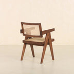 Dark Walnut Cane Rattan Dining Chair | Solid Mango Wood Handcrafted Armchair | Mid-Century Modern Seating | Living Furn India