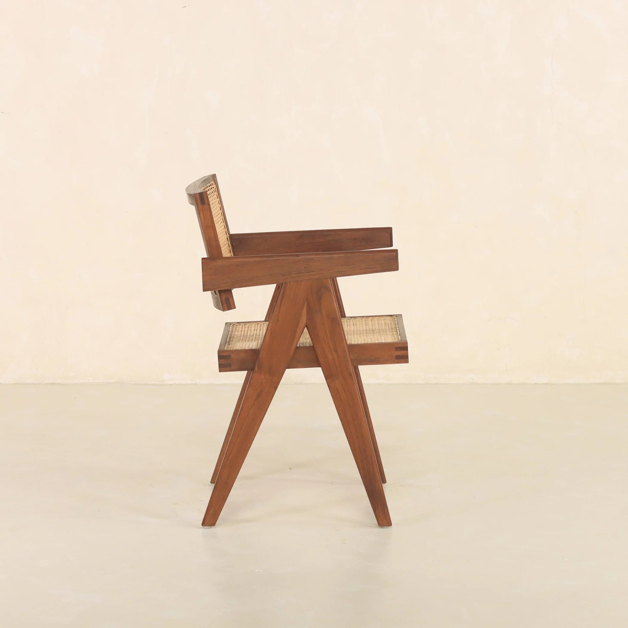 Dark Walnut Cane Rattan Dining Chair | Solid Mango Wood Handcrafted Armchair | Mid-Century Modern Seating | Living Furn India