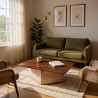 Cozy living room with a green sofa, wooden coffee table, and armchairs.