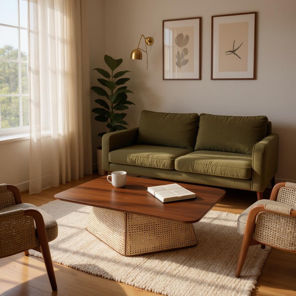 Cozy living room with a green sofa, wooden coffee table, and armchairs.