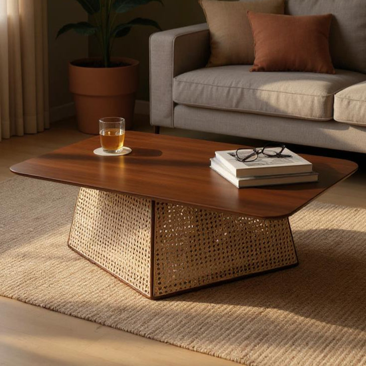 Living room with a wooden coffee table, gray sofa, and plant.