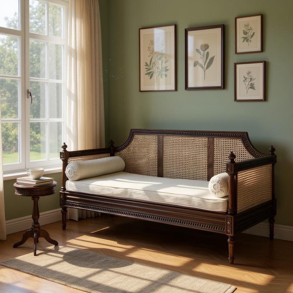 Wooden daybed with white cushions in a room with green walls and large windows.