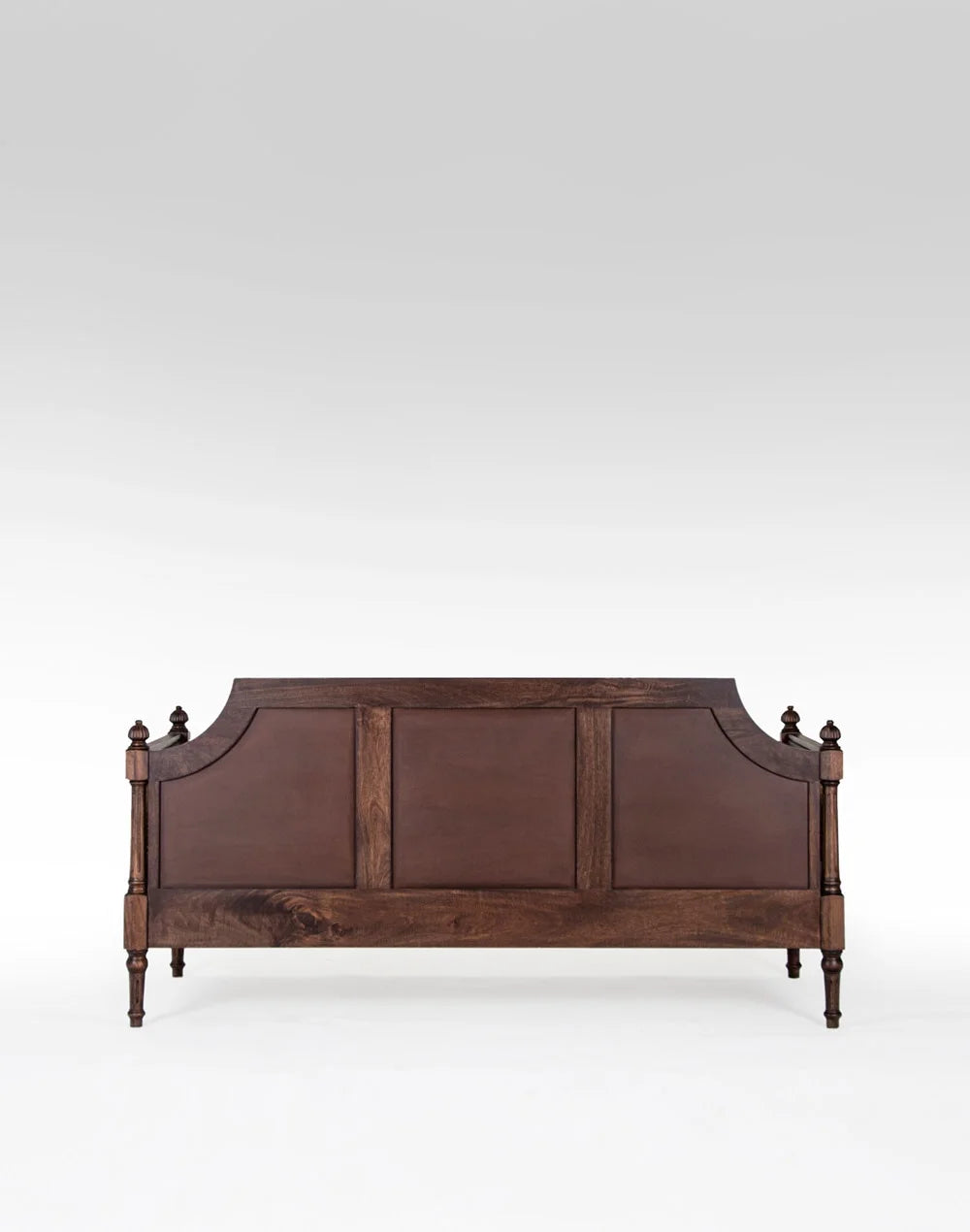 Wooden bed with a dark brown finish on a white background