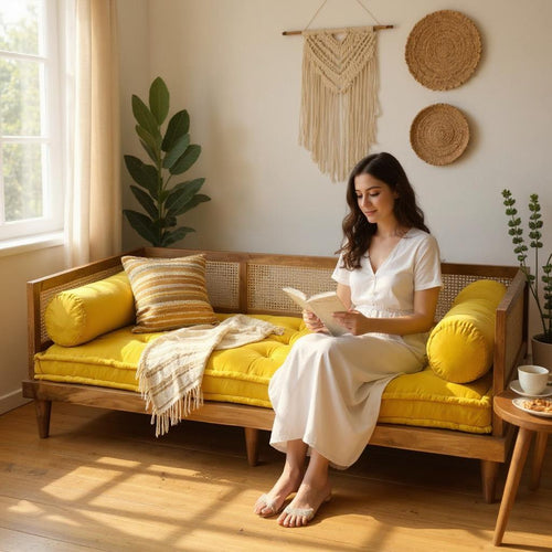 Aesthetic Cane Daybed Sofa | Handcrafted Mango Wood Lounger with Yellow Cushion & Bolsters | Bohemian Living Room Furniture | Living Furn India