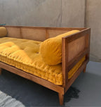 Aesthetic Cane Daybed Sofa | Handcrafted Mango Wood Lounger with Yellow Cushion & Bolsters | Bohemian Living Room Furniture | Living Furn India