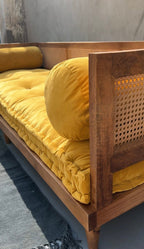Aesthetic Cane Daybed Sofa | Handcrafted Mango Wood Lounger with Yellow Cushion & Bolsters | Bohemian Living Room Furniture | Living Furn India