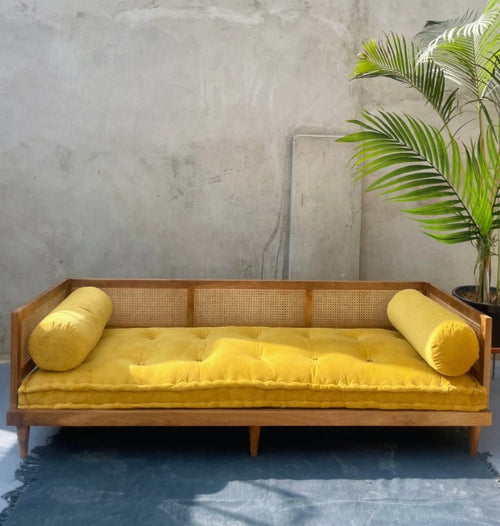 Aesthetic Cane Daybed Sofa | Handcrafted Mango Wood Lounger with Yellow Cushion & Bolsters | Bohemian Living Room Furniture | Living Furn India