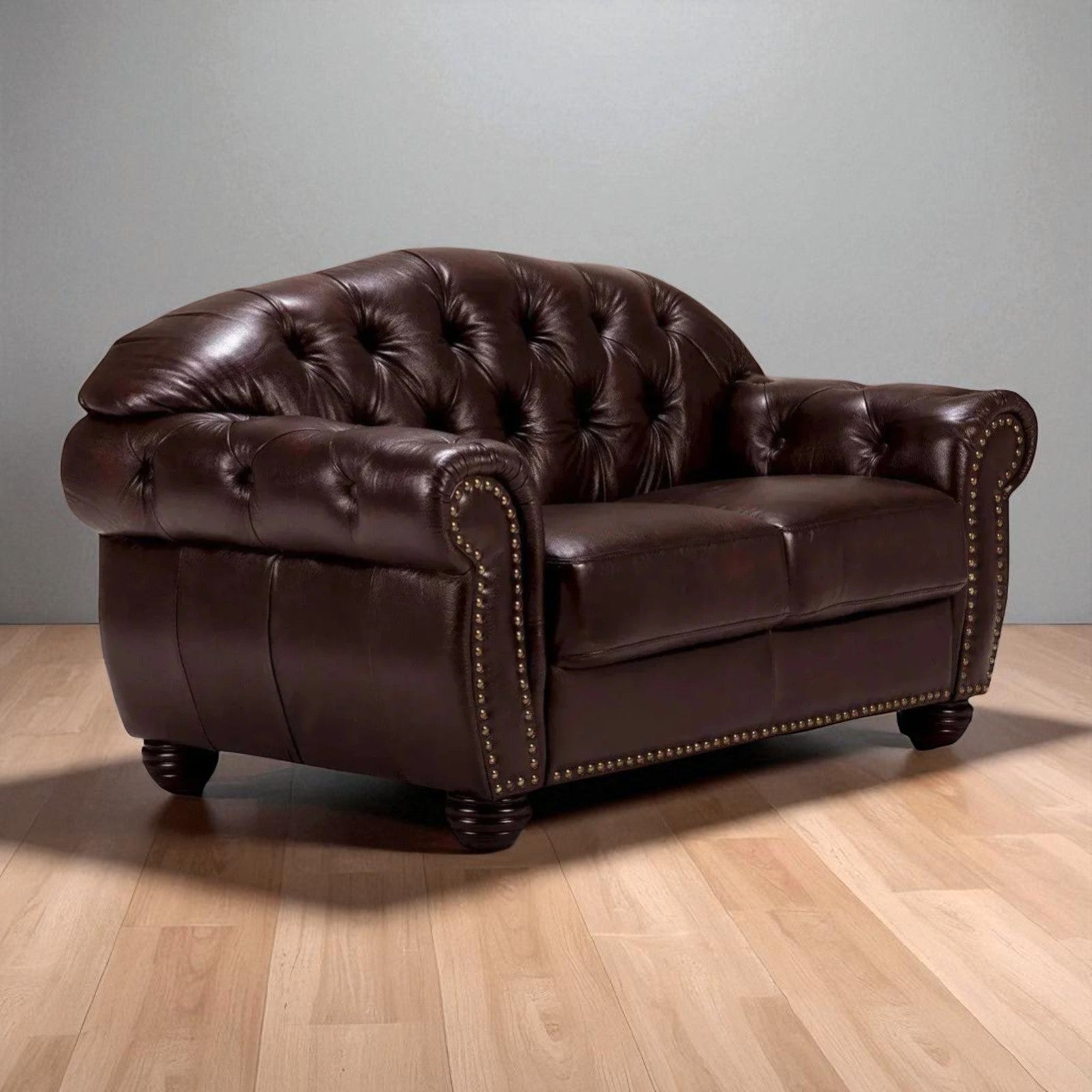 DuoBelle Luxe Brown Leather 2-Seater Sofa – Handcrafted Intimate Comfort by Living Furn India