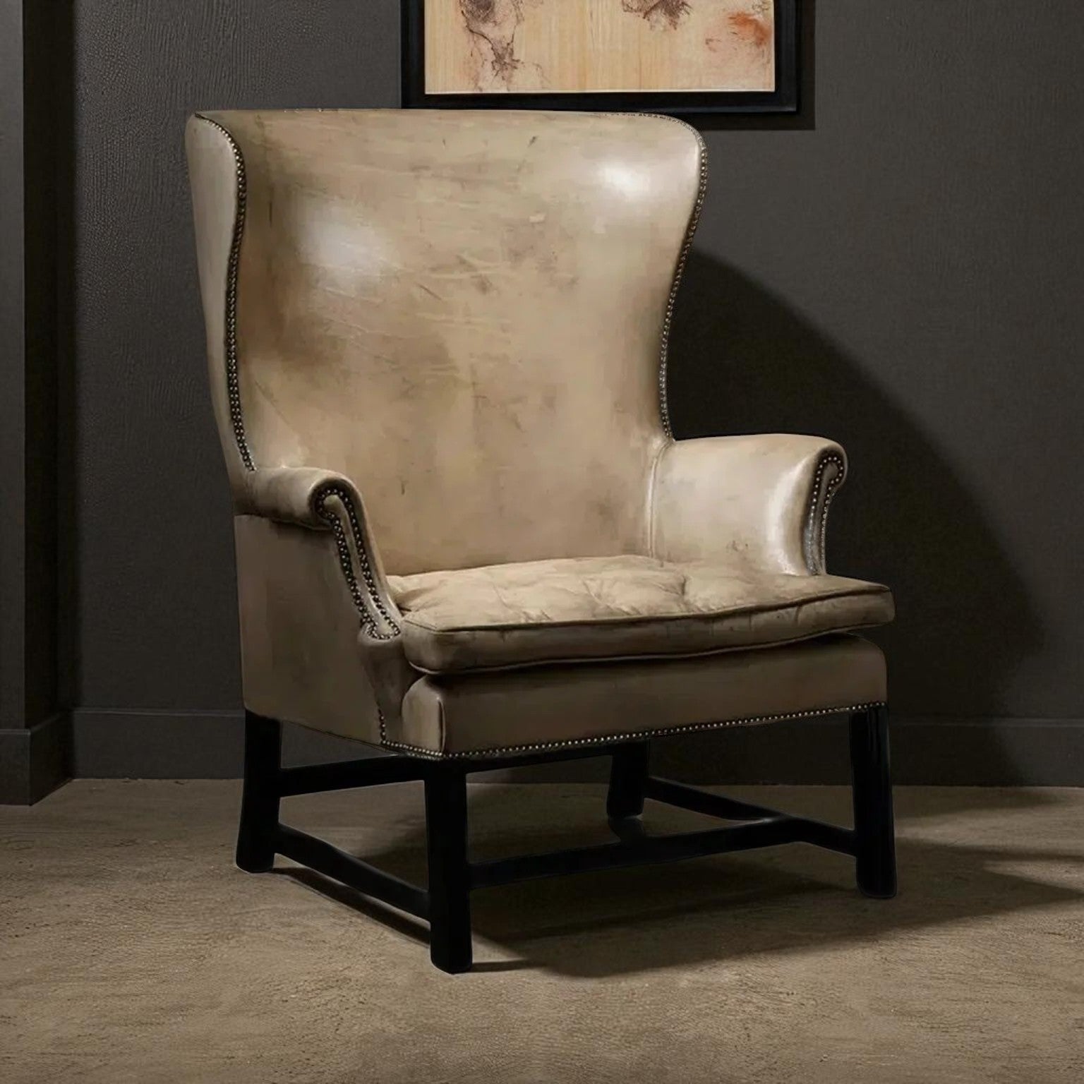 Imperium Slate Wingback Leather Chair – Handcrafted Slate Brown/Bone Accent by Living Furn India
