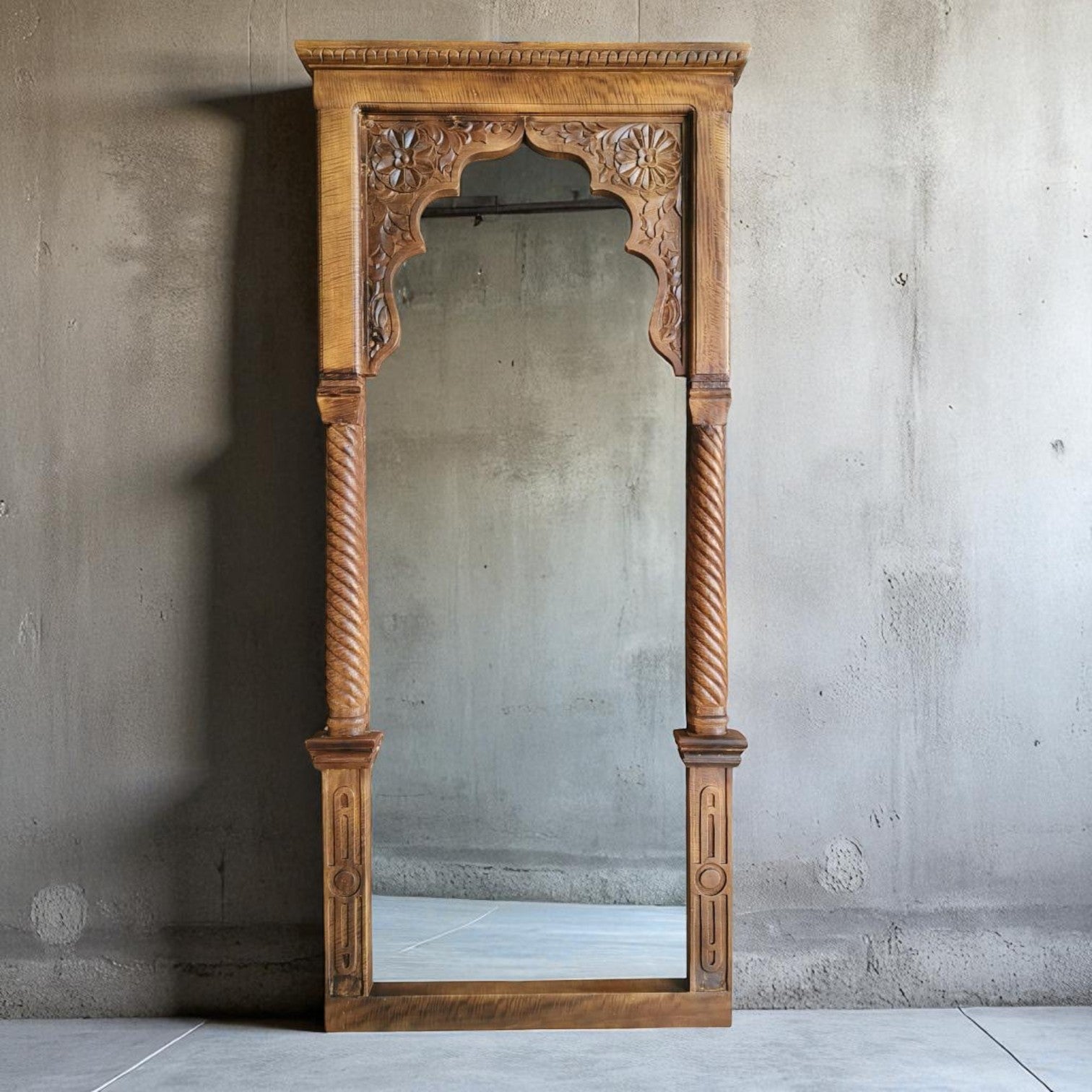 Antique‑Inspired Carved Wooden Wall Mirror in Distressed Brown — Rustic Barn Entryway/Table Mirror | Living Furn India .