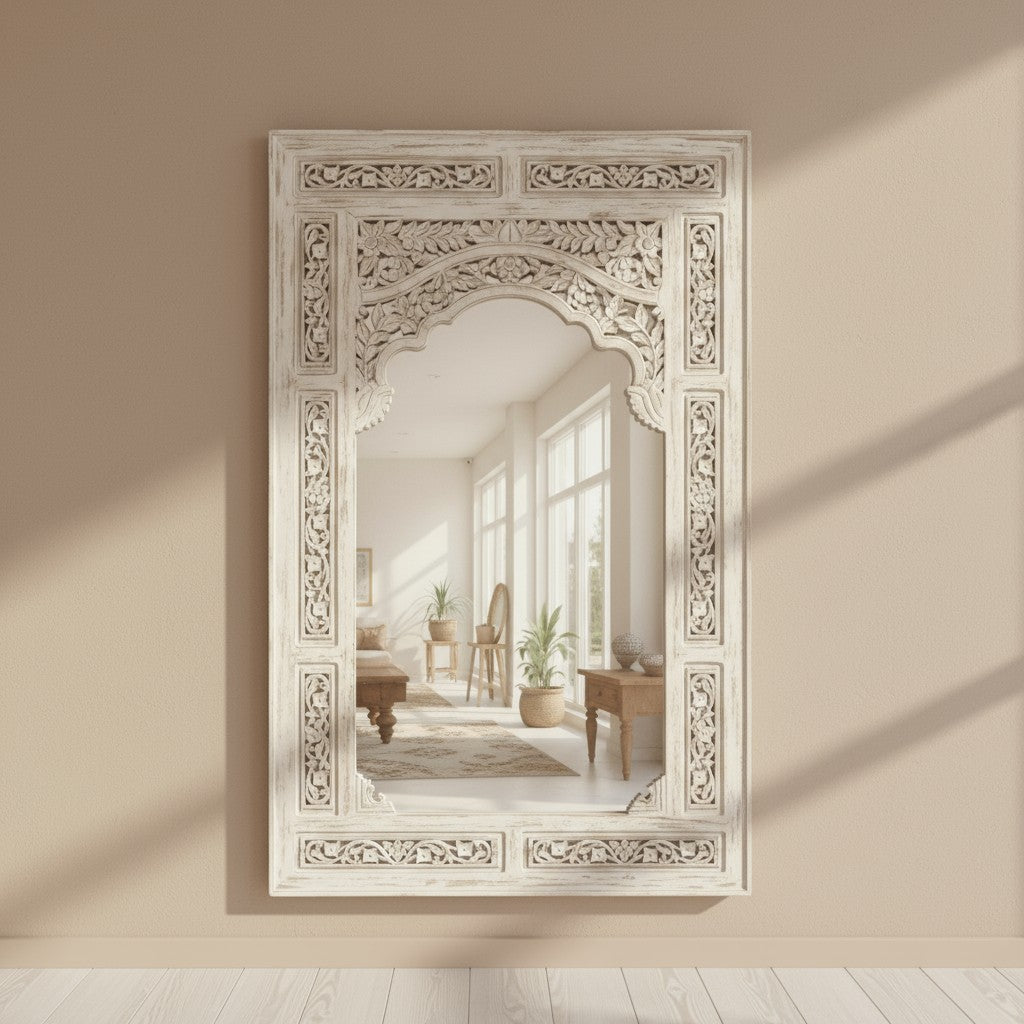 mango wood mirror, carved mirror, jharokha mirror, arched mirror, vertical mirror, rajasthani mirror, indian mirror, distressed mirror, whitewash mirror, white mirror, wall mirror, statement mirror, architectural mirror, palace mirror, traditional mirror, handmade mirror, artisan mirror, premium mirror, quality mirror, durable mirror, elegant mirror, unique mirror, decorative mirror, focal piece mirror, handcrafted in india, sustainable mango wood, distressed whitewash, whitewash finish, antiquing, warm woo