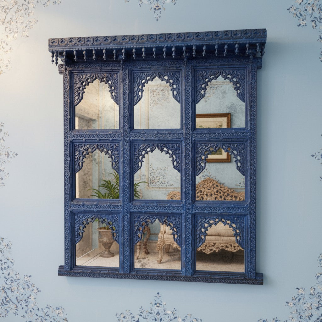 mango wood mirror, jharokha mirror, nine arch mirror, grid mirror panel, indian mirror, blue mirror, distressed blue, carved mirror, wall mirror, statement mirror, palace mirror, scalloped arches, foliate carving, rope border, vine border, baluster brackets, crown cornice, architectural decor, boho decor, global eclectic, vintage inspired, artisan made, handcrafted in india, solid wood frame, large wall mirror, square mirror, entryway decor, living room decor, dining wall, stair landing, heritage decor, ind