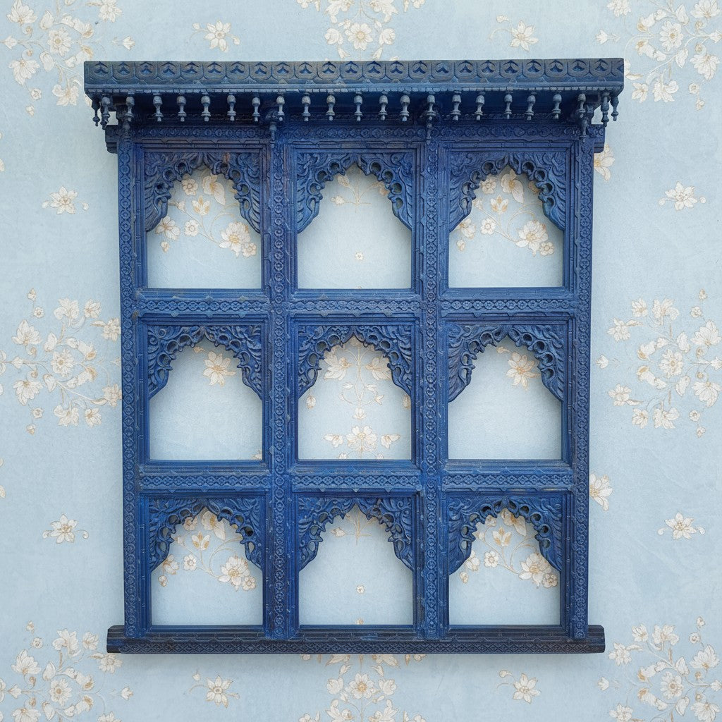 mango wood mirror, jharokha mirror, nine arch mirror, grid mirror panel, indian mirror, blue mirror, distressed blue, carved mirror, wall mirror, statement mirror, palace mirror, scalloped arches, foliate carving, rope border, vine border, baluster brackets, crown cornice, architectural decor, boho decor, global eclectic, vintage inspired, artisan made, handcrafted in india, solid wood frame, large wall mirror, square mirror, entryway decor, living room decor, dining wall, stair landing, heritage decor, ind